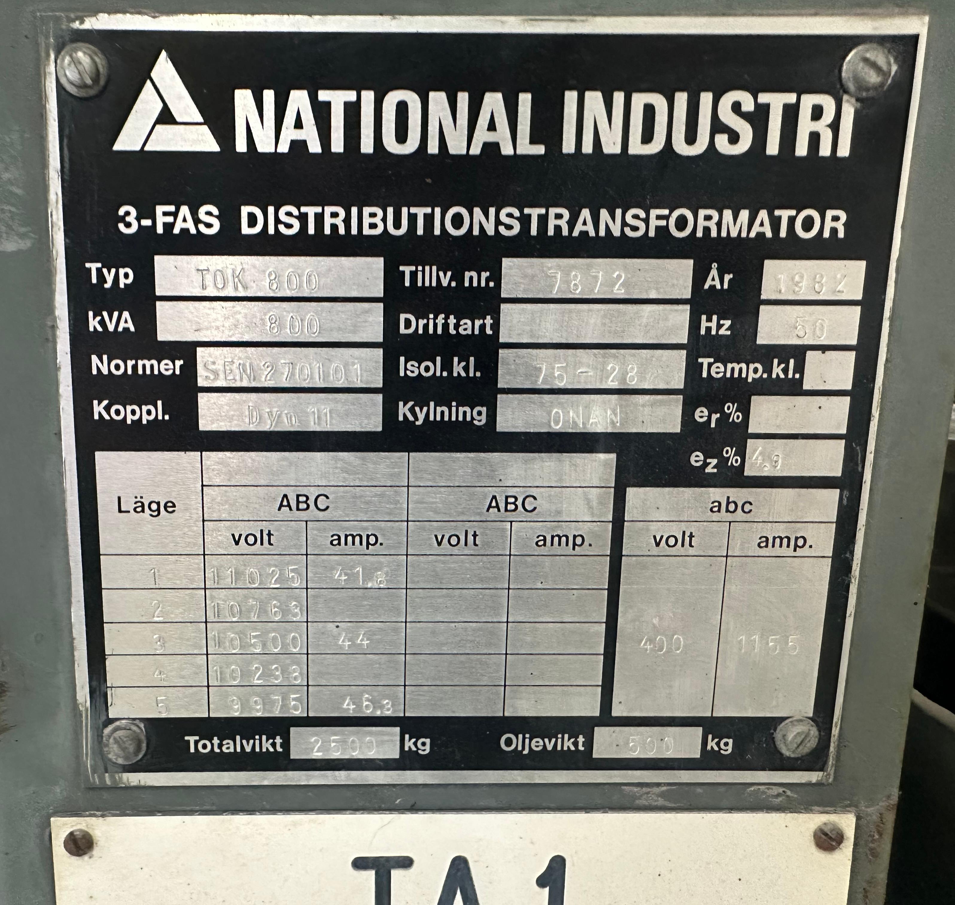 Transformator 11/0,4kV 800kVA