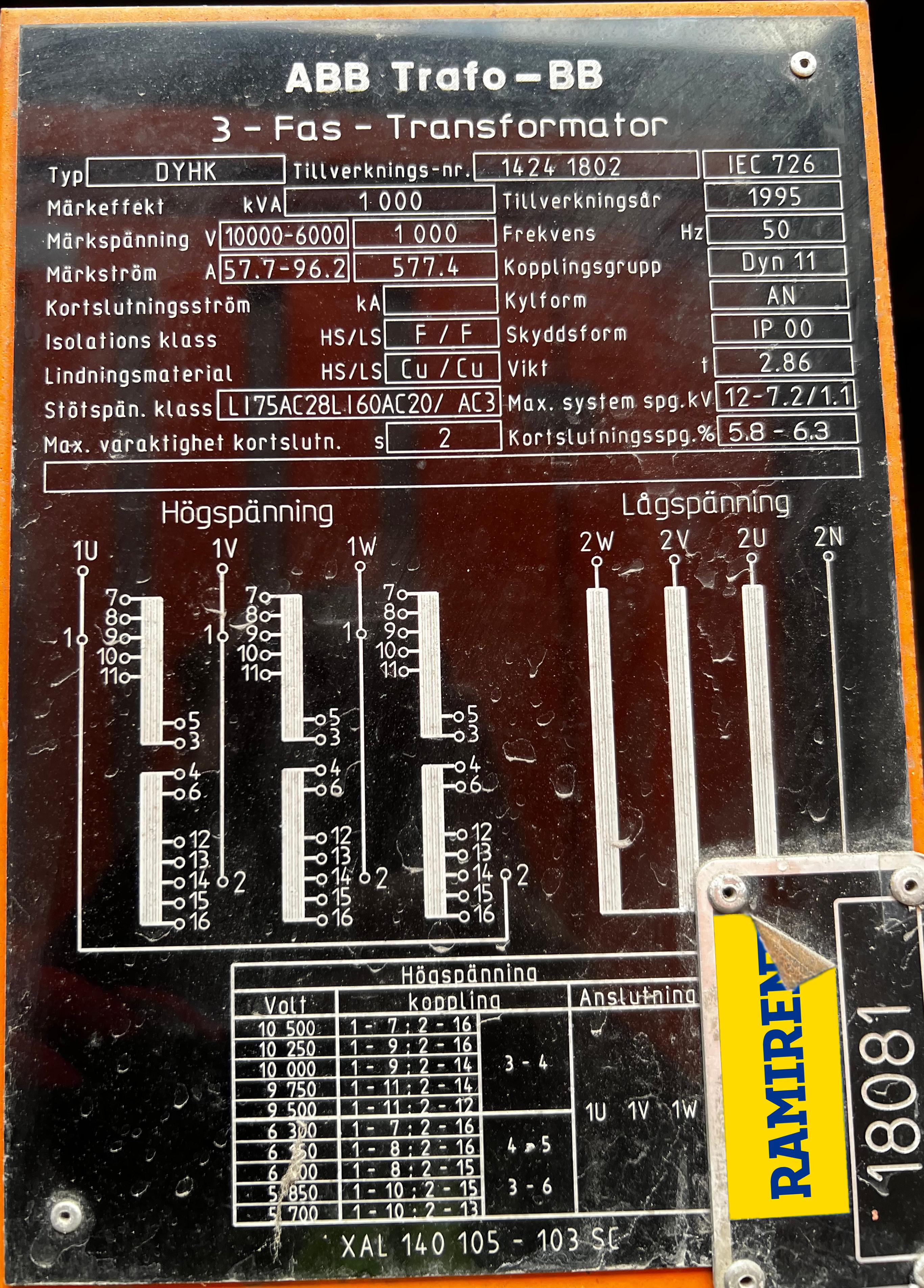 Transformator 11/1kV 1000kVA