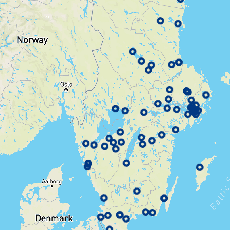 Karta över Sverige med platser utpekade
